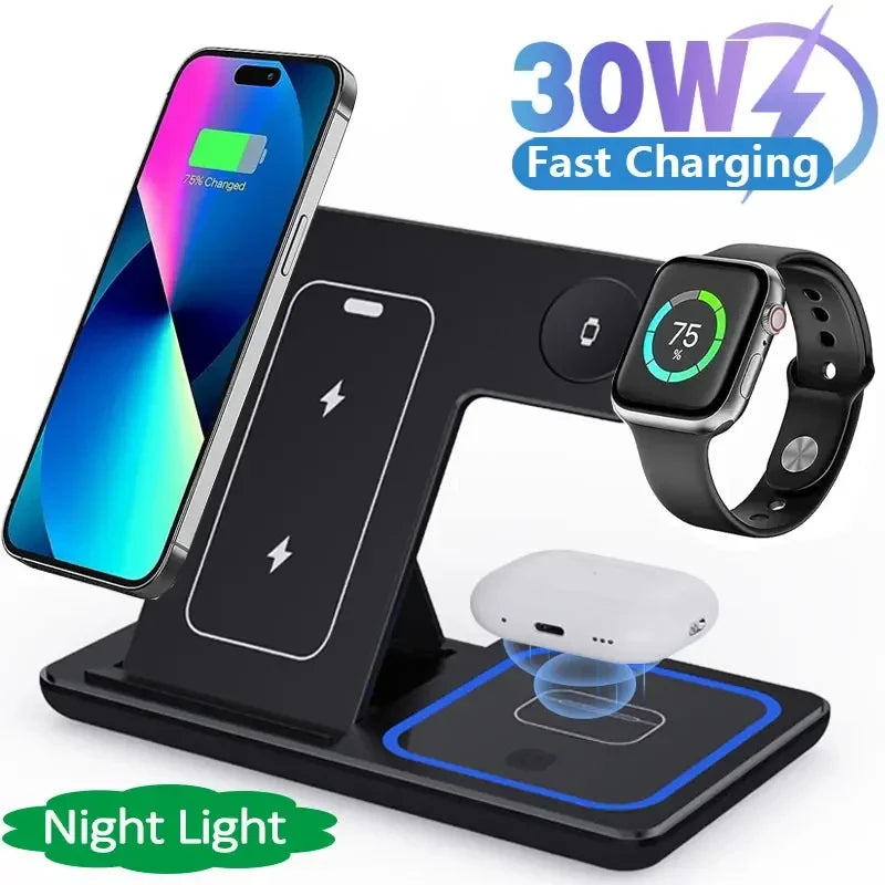 Carregador 3 in 1 Wireless Charger Stand Pad For iPhone 15 14 13 12 X Max Foldable Fast Charging Station Dock For IWatch 8 7 SE AirPods Pro