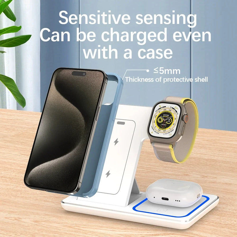 Carregador 3 in 1 Wireless Charger Stand Pad For iPhone 15 14 13 12 X Max Foldable Fast Charging Station Dock For IWatch 8 7 SE AirPods Pro